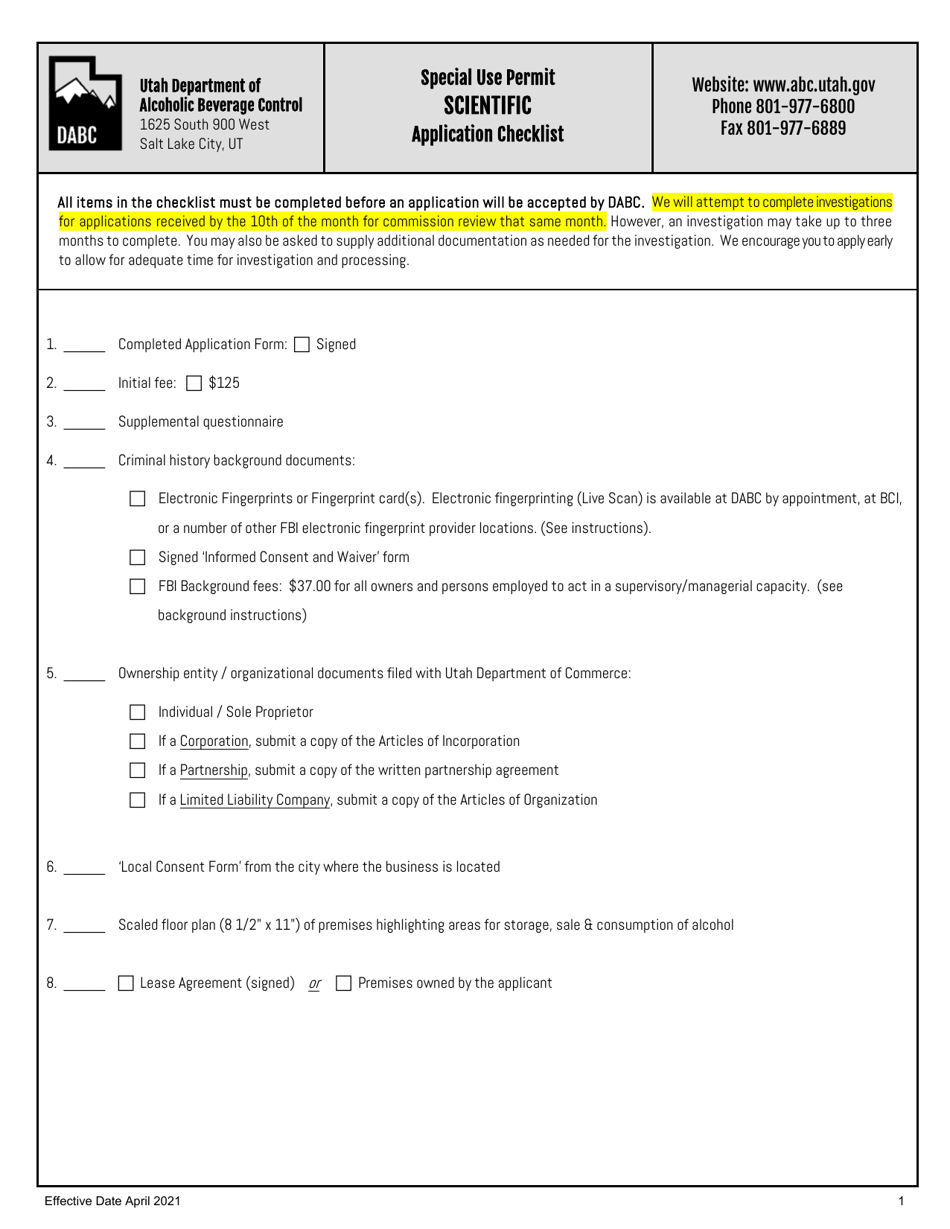 Scientific Special Use Permit Application - Utah, Page 1
