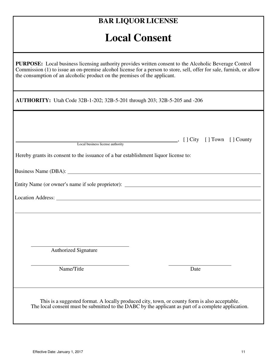 Bar Liquor License Local Consent - Utah, Page 1