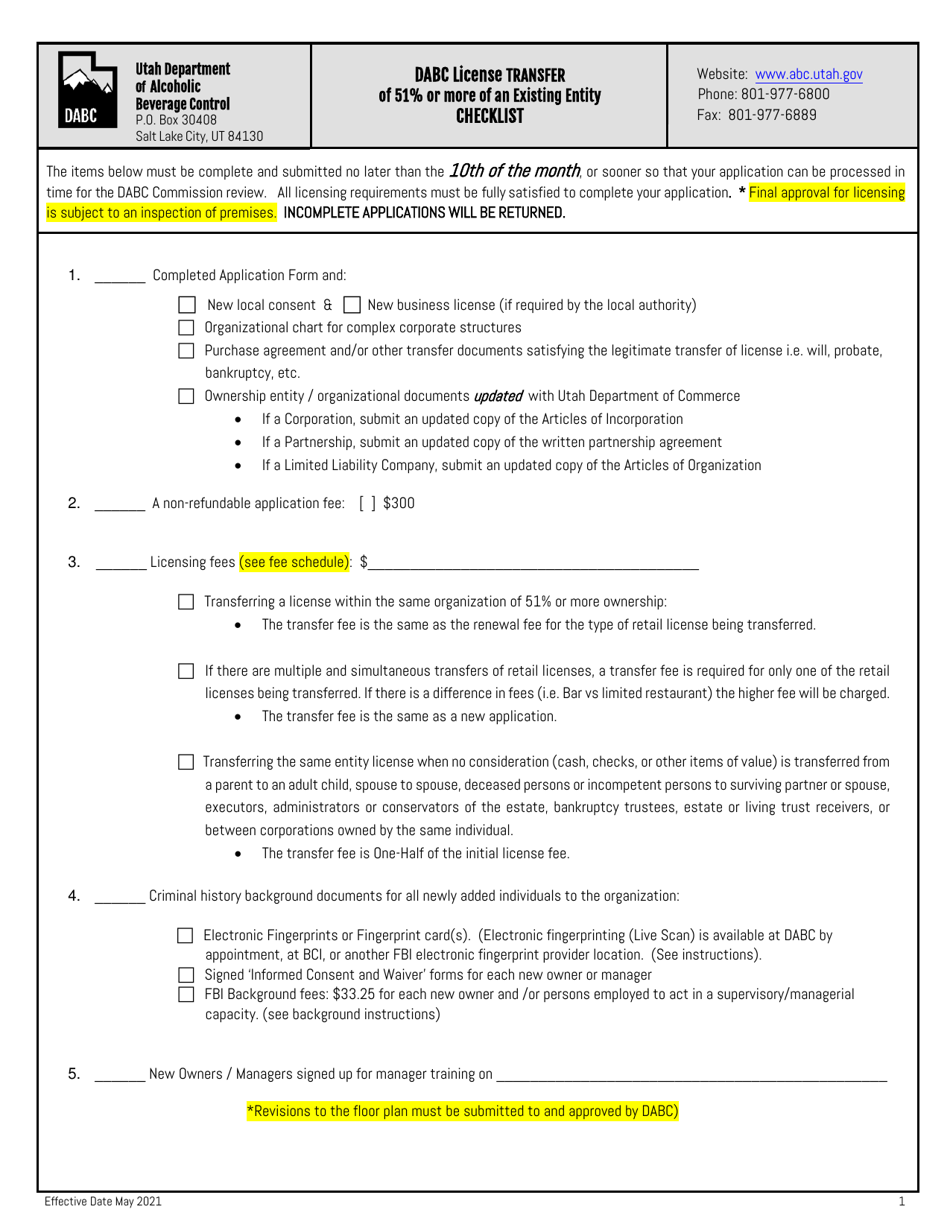 Dabc License Transfer of 51% or More Ownership of an Existing Entity - Utah, Page 1