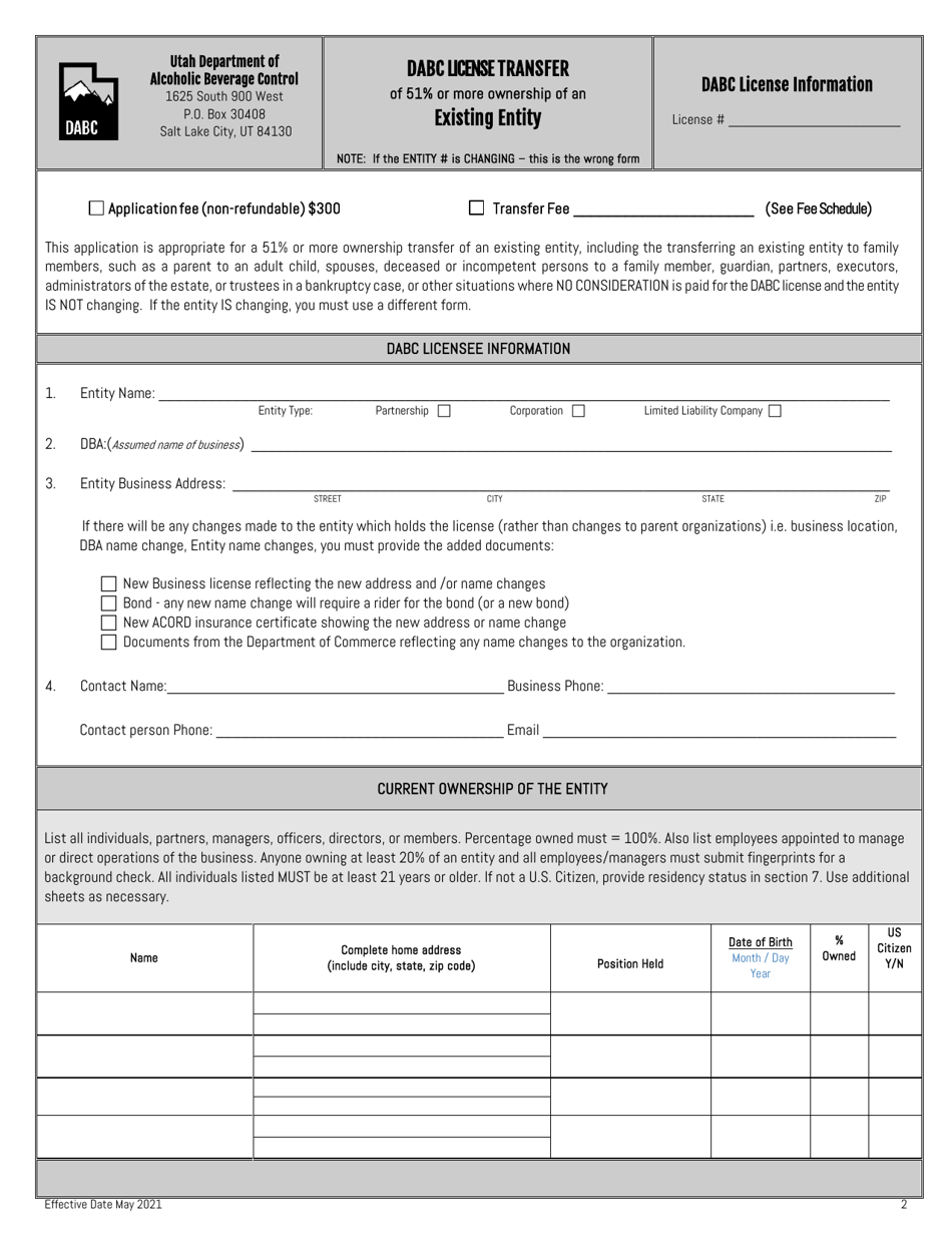 Dabc License Transfer of 51% or More Ownership of an Existing Entity - Utah, Page 2
