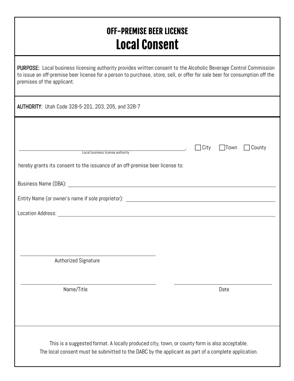 Utah OffPremise Beer License Local Consent Fill Out, Sign Online and