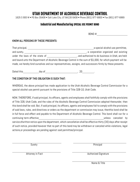 Industrial and Manufacturing Special Use Permit Bond - Utah Download Pdf