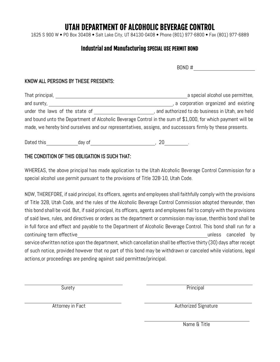 Industrial and Manufacturing Special Use Permit Bond - Utah, Page 1