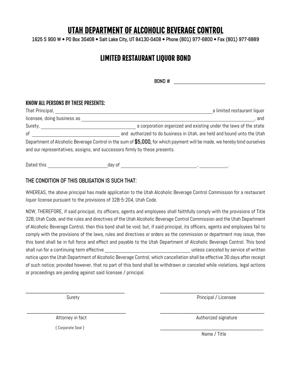 Utah Limited Restaurant Liquor Bond Download Printable PDF | Templateroller