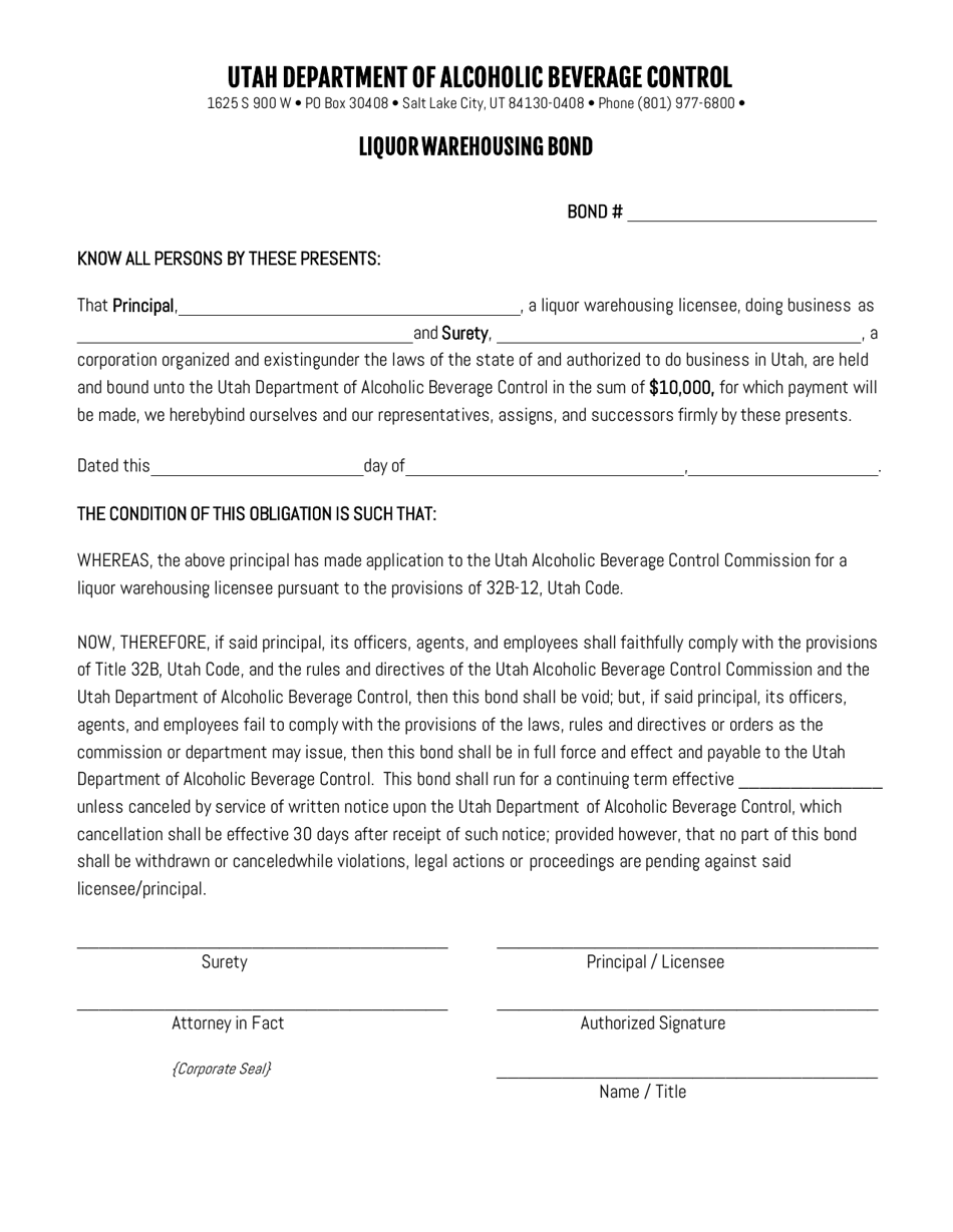 Utah Liquor Warehousing Bond - Fill Out, Sign Online and Download PDF ...