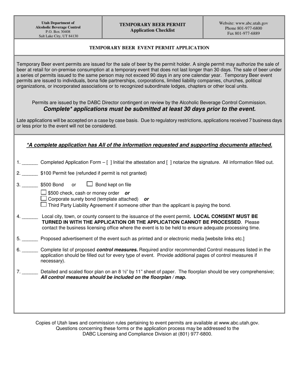 Temporary Beer Event Permit Application - Utah, Page 1