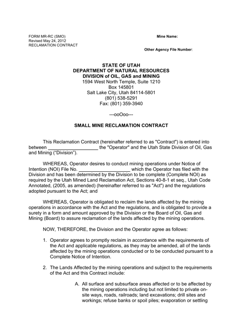 Form MR-RC (SMO) Small Mine Reclamation Contract - Utah