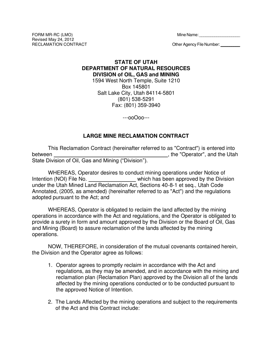 Form MR-RC (LMO) Large Mine Reclamation Contract - Utah, Page 1
