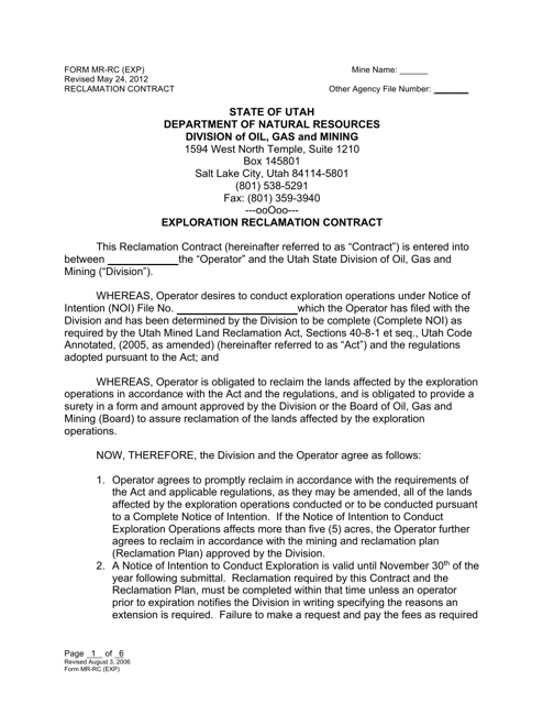 Form MR-RC (EXP) Exploration Reclamation Contract - Utah