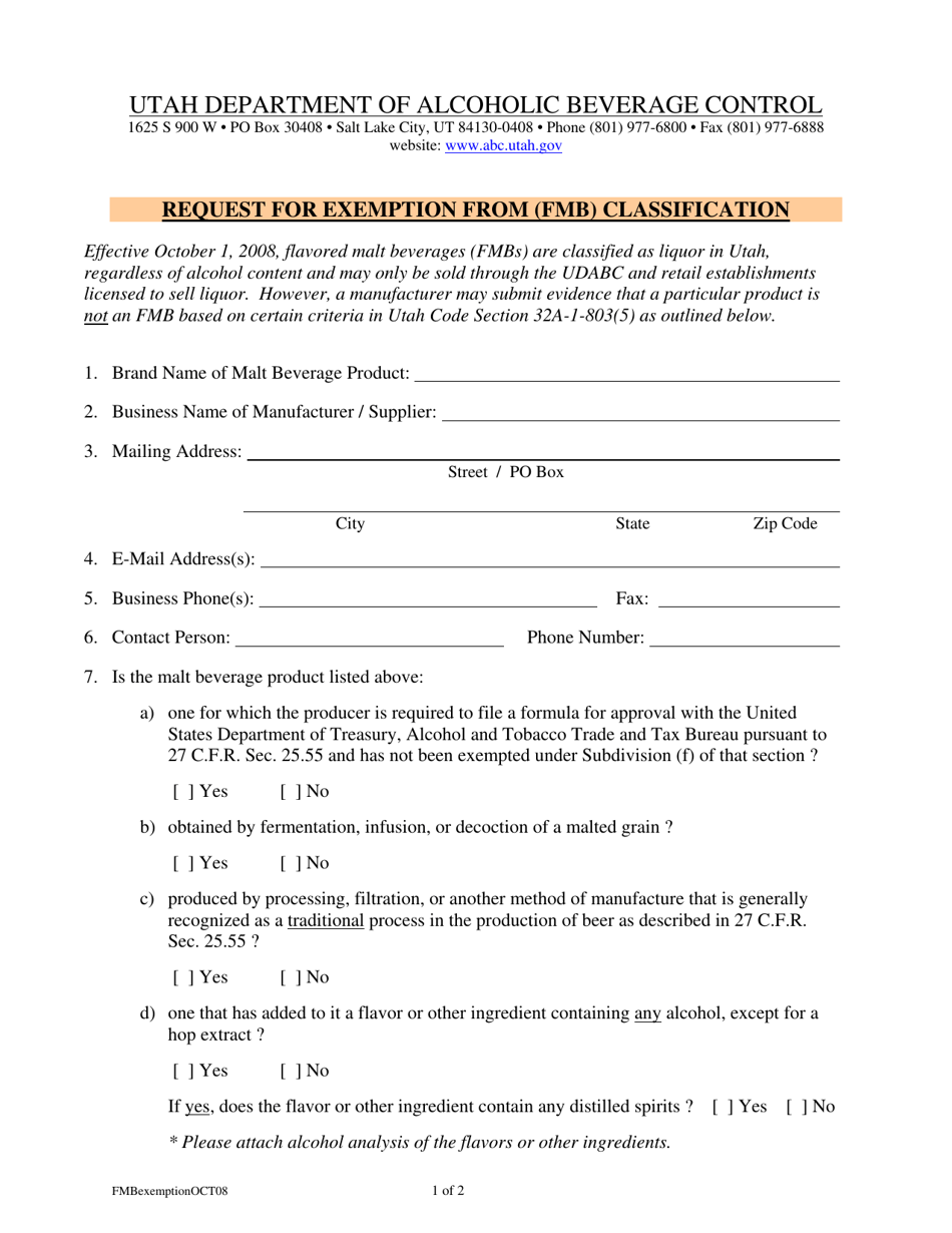 Request for Exemption From Fmb Classification - Utah, Page 1