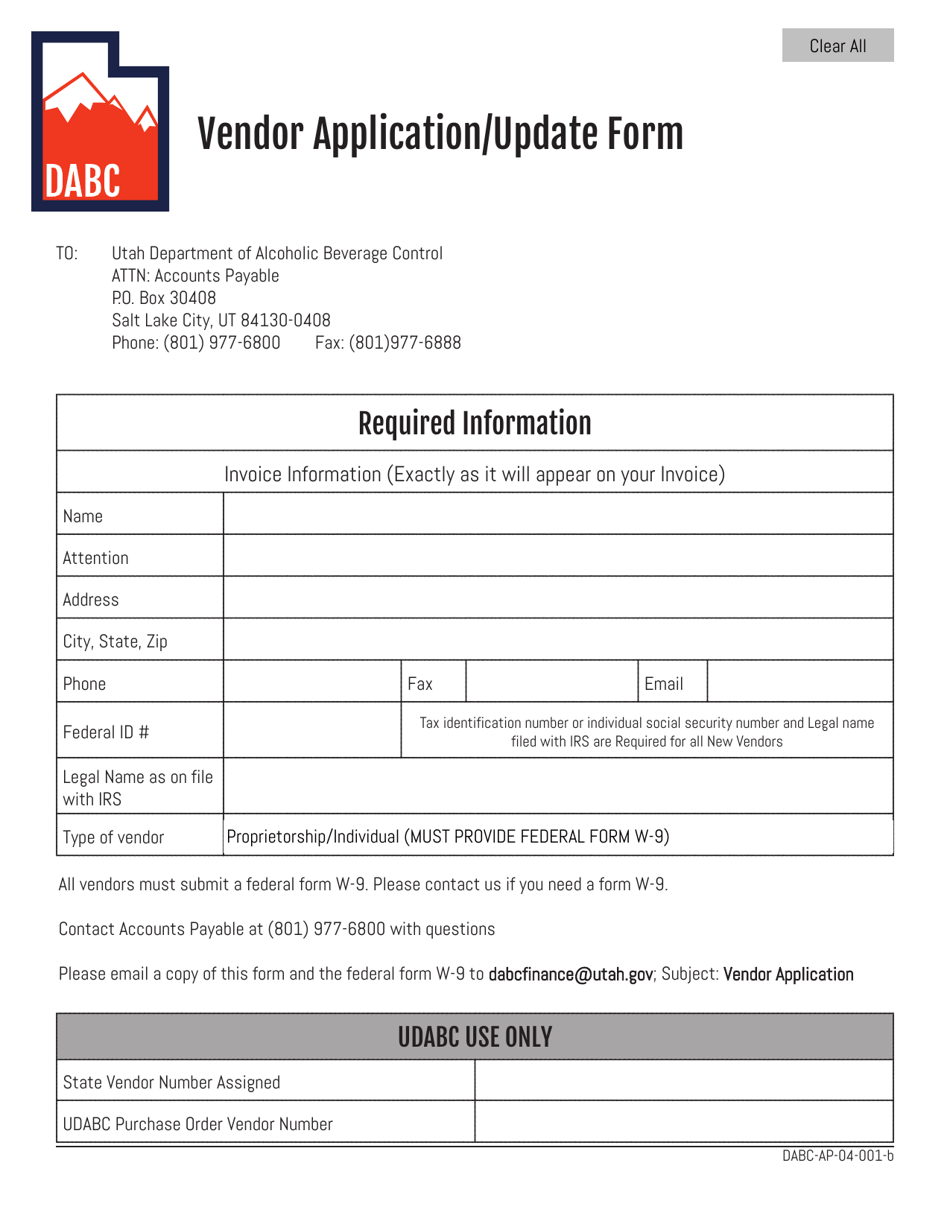 Form DABC-AP-04-001-B Vendor Application / Update Form - Utah, Page 1