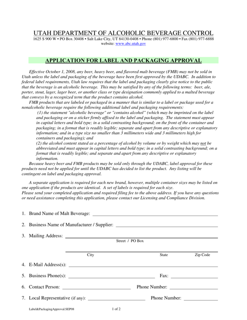 Application for Label and Packaging Approval - Utah Download Pdf