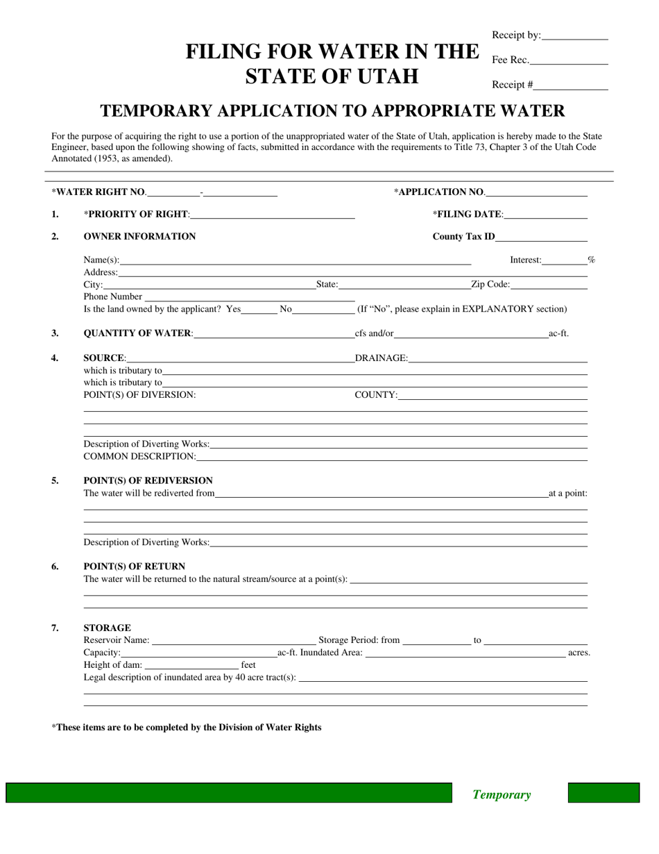 Temporary Application to Appropriate Water - Utah, Page 1