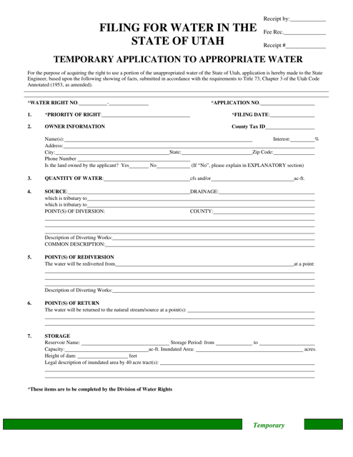 Temporary Application to Appropriate Water - Utah