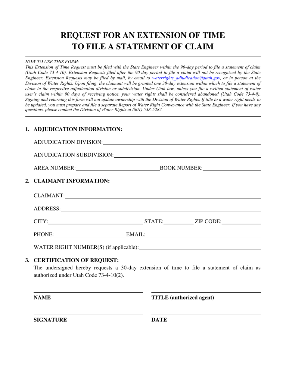 Request for an Extension of Time to File a Statement of Claim - Utah, Page 1