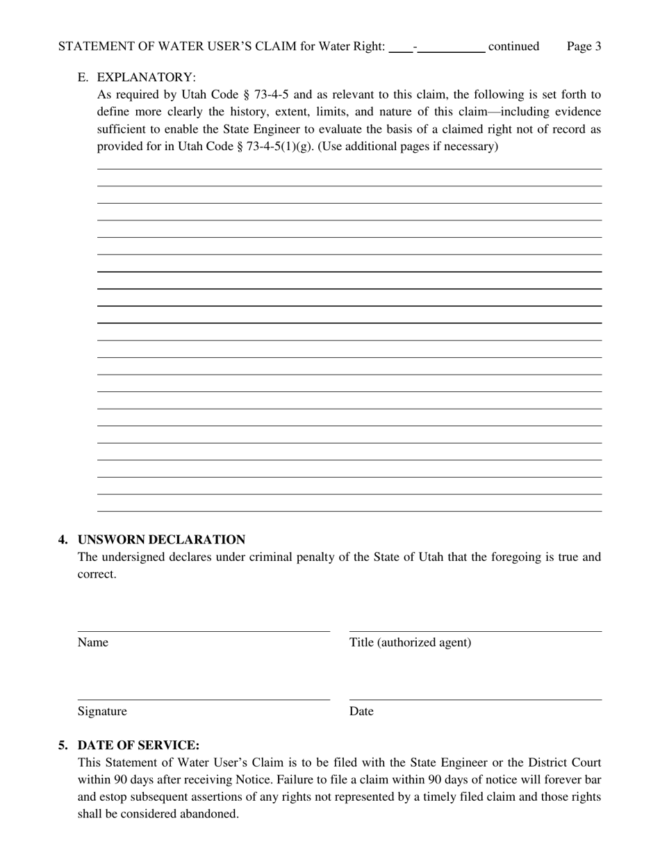 Statement of Water Users Claim - Utah, Page 3