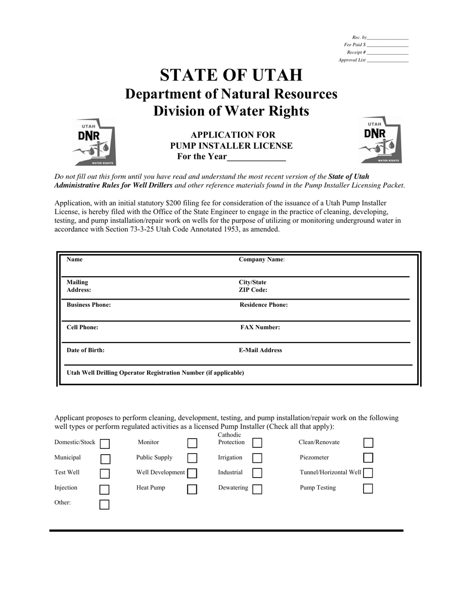 Application for Pump Installer License - Utah, Page 1