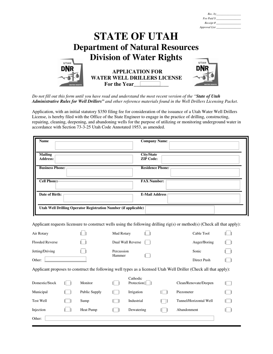 Application for Water Well Drillers License - Utah, Page 1