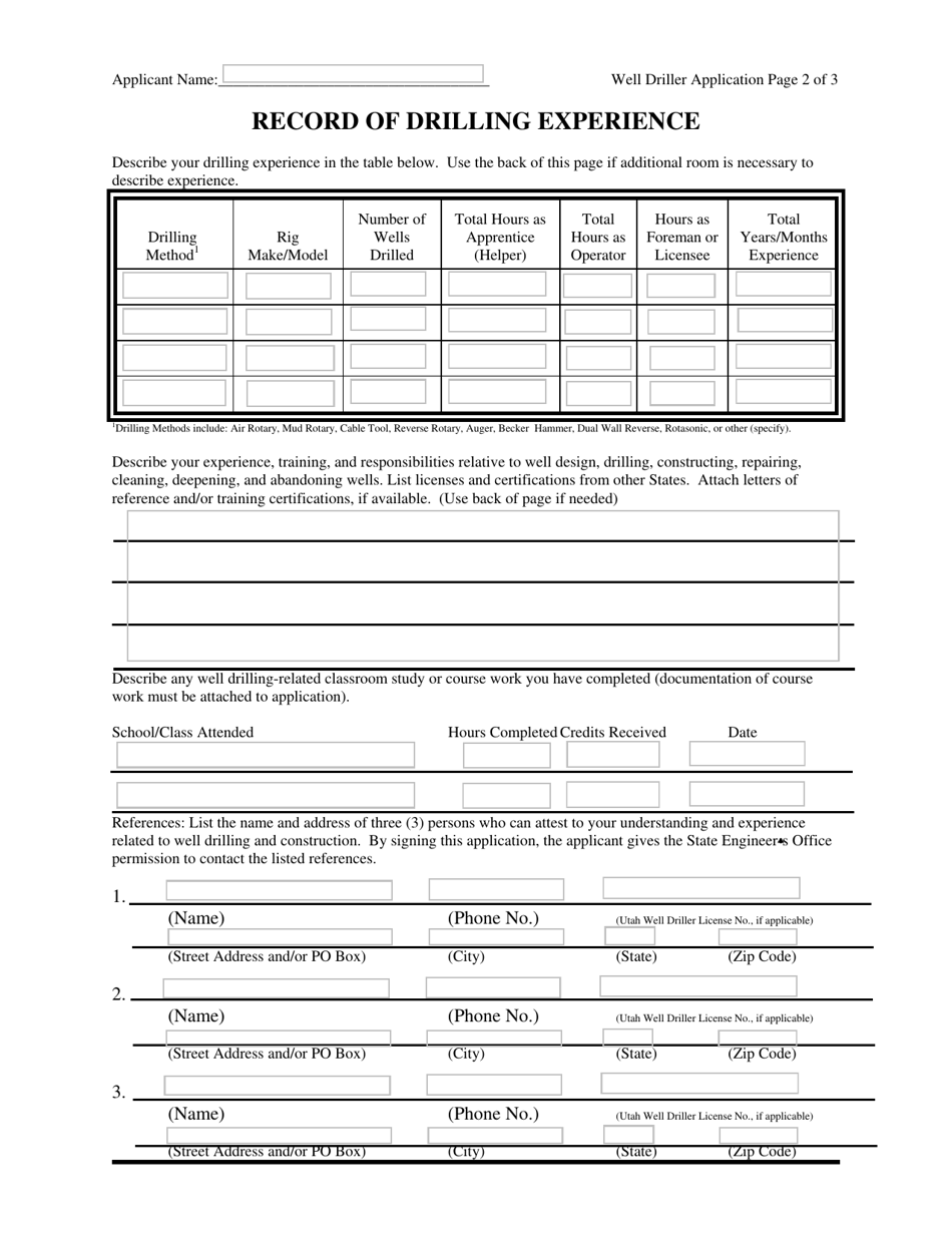 Application for Water Well Drillers License - Utah, Page 2