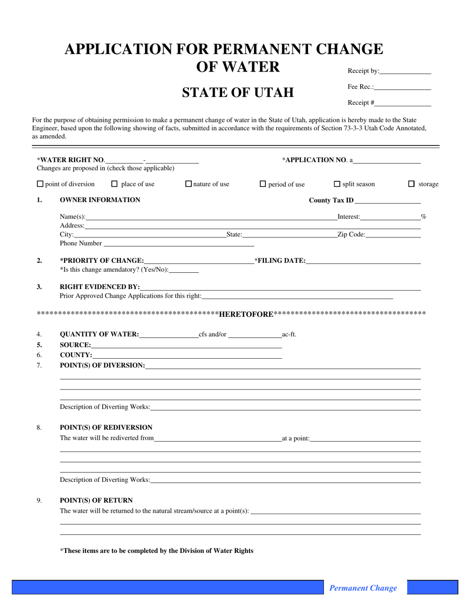Application for Permanent Change of Water - Utah, Page 1