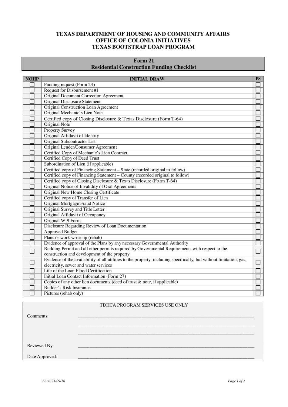 Form 21 Residential Construction Funding Checklist - Texas, Page 1