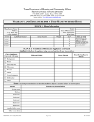 Document preview: MHD Form 1054 Warranty and Disclosure for a Used Manufactured Home - Texas