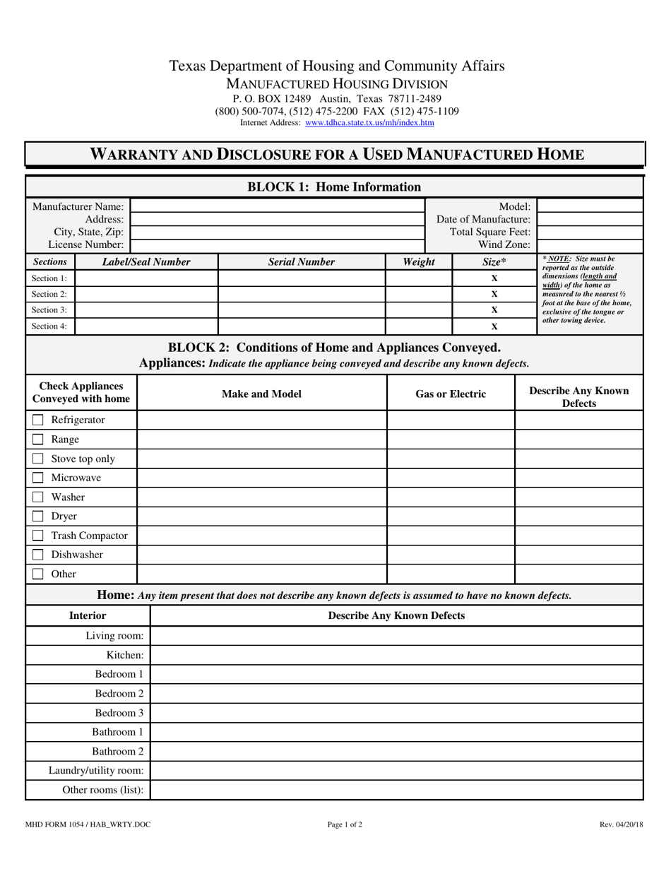 MHD Form 1054 Warranty and Disclosure for a Used Manufactured Home - Texas, Page 1