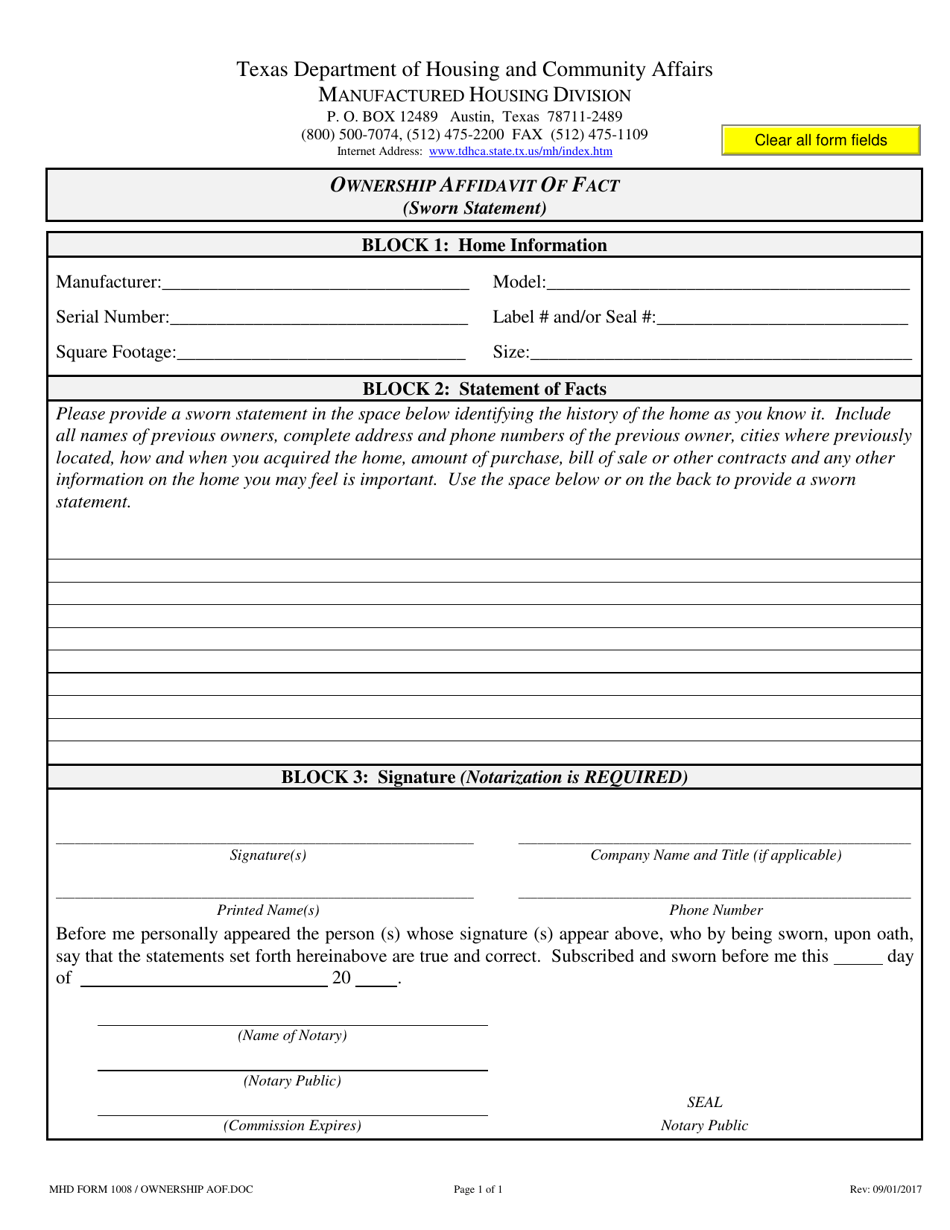 MHD Form 1008 Ownership Affidavit of Fact - Texas, Page 1