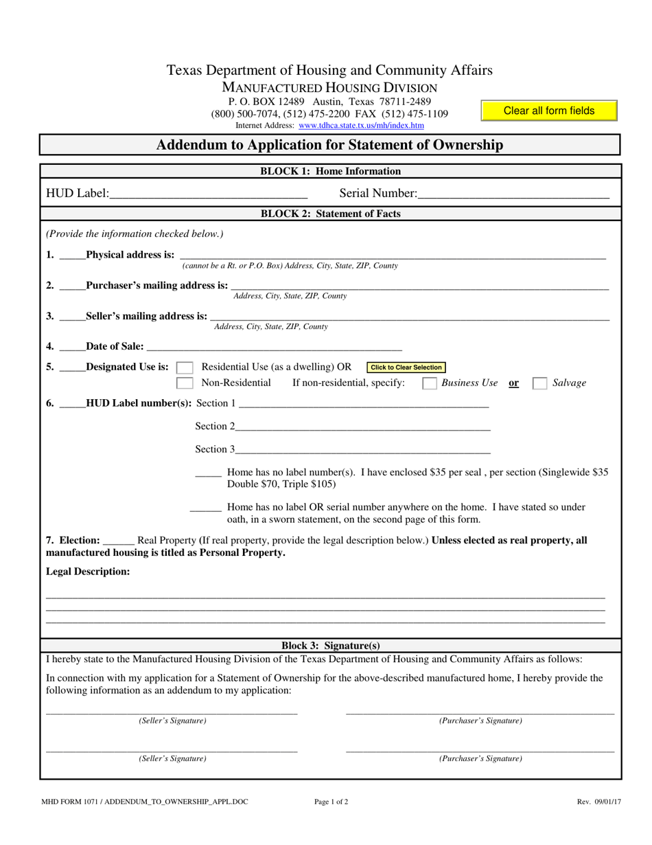 MHD Form 1071 Addendum to Application for Statement of Ownership - Texas, Page 1