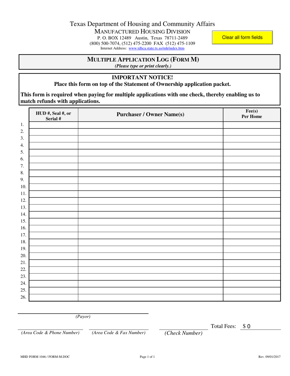 MHD Form 1046 (M) Multiple Application Log - Texas, Page 1