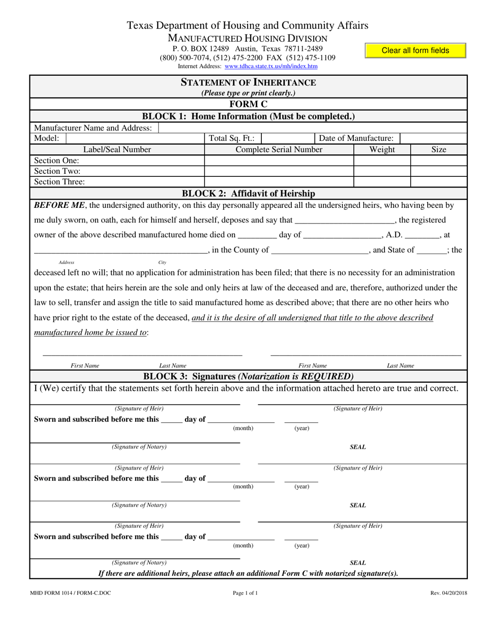 MHD Form 1014 (C) Statement of Inheritance - Texas, Page 1