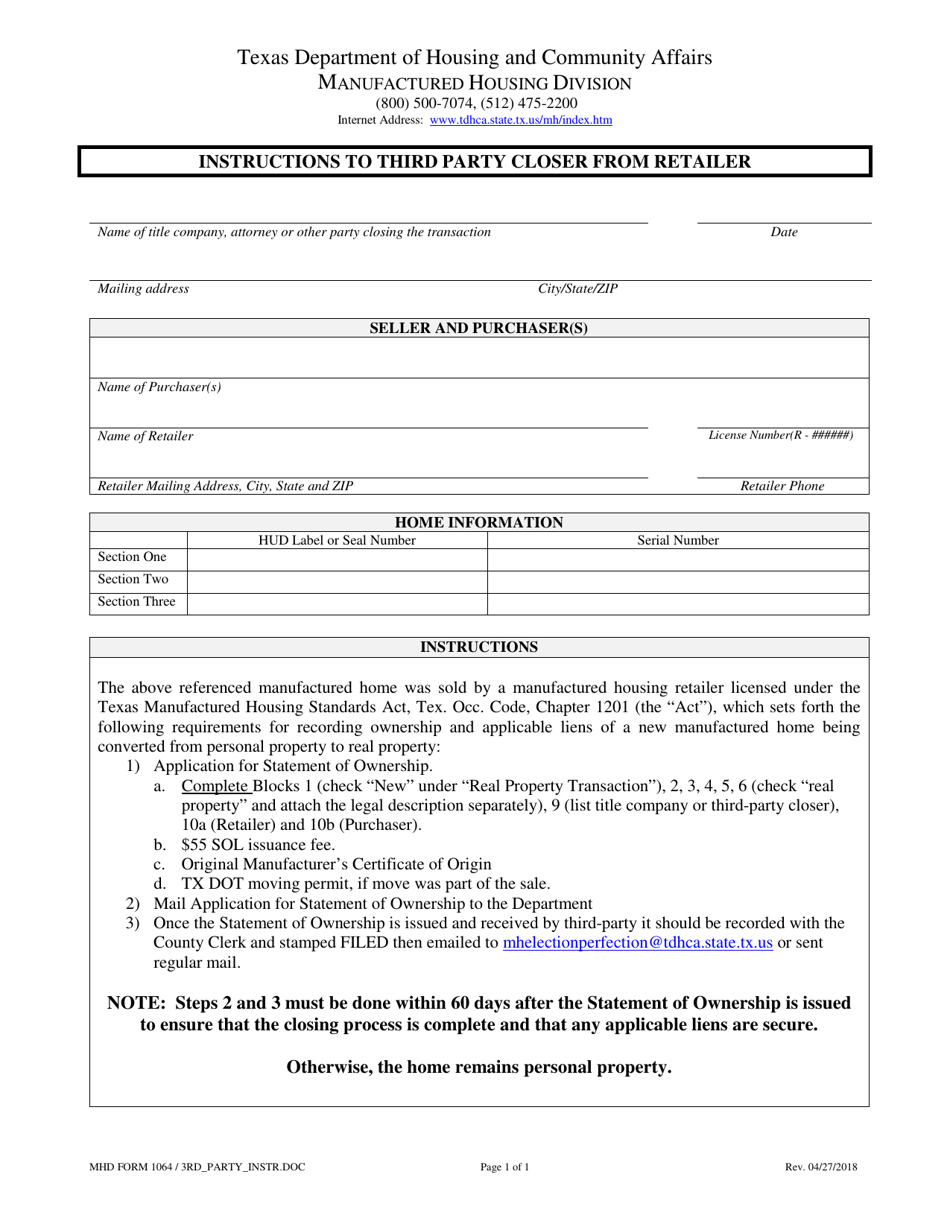 MHD Form 1064 Instructions to Third Party Closer From Retailer - Texas, Page 1