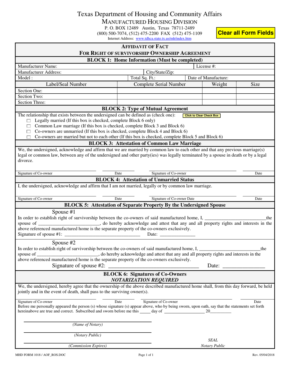 MHD Form 1018 Affidavit of Fact for Right of Survivorship Ownership Agreement - Texas, Page 1