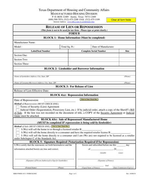 MHD Form 1013 (B) Release of Lien or Repossession - Texas