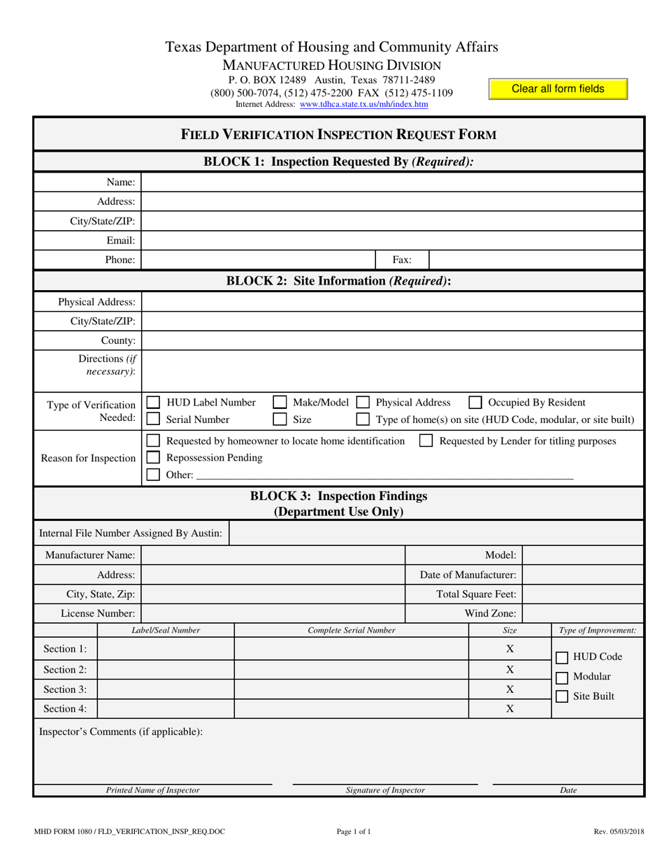 MHD Form 1080 Field Verification Inspection Request Form - Texas, Page 1