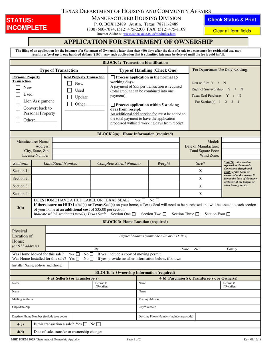 MHD Form 1023 Fill Out, Sign Online and Download Fillable PDF, Texas