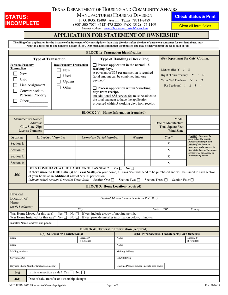 MHD Form 1023 Application for Statement of Ownership - Texas, Page 1