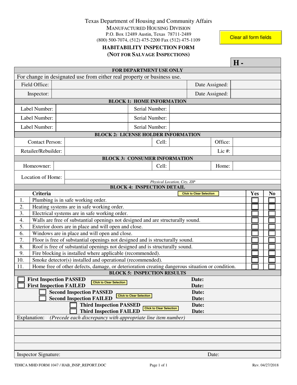 MHD Form 1047 Habitability Inspection Form - Texas, Page 1