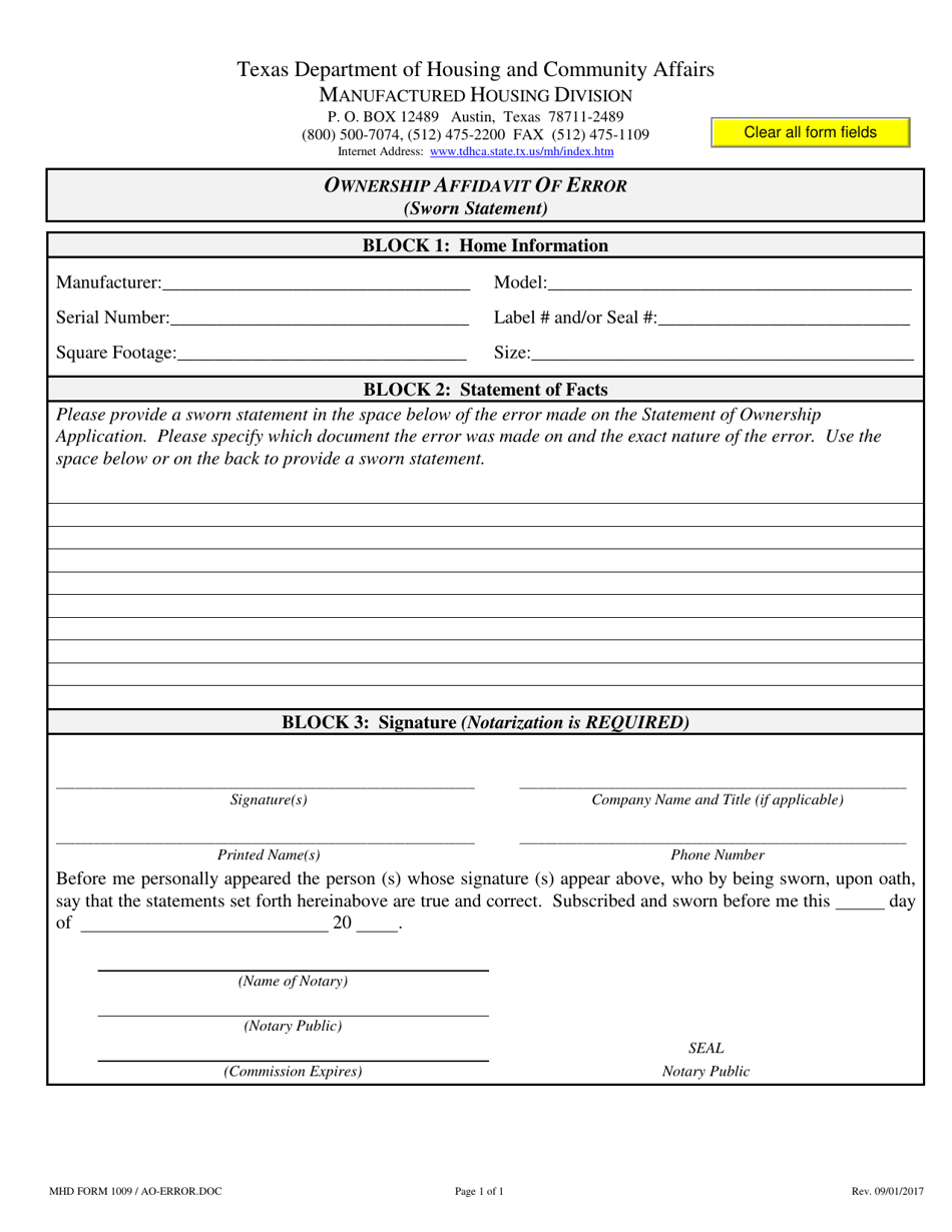 MHD Form 1009 Ownership Affidavit of Error - Texas, Page 1