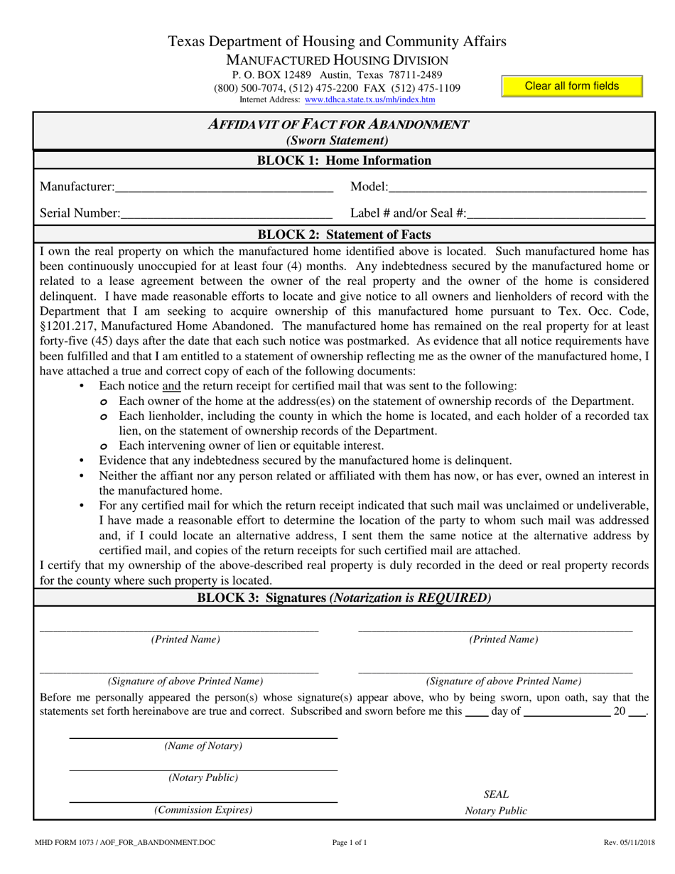 MHD Form 1073 Affidavit of Fact for Abandonment - Texas, Page 1