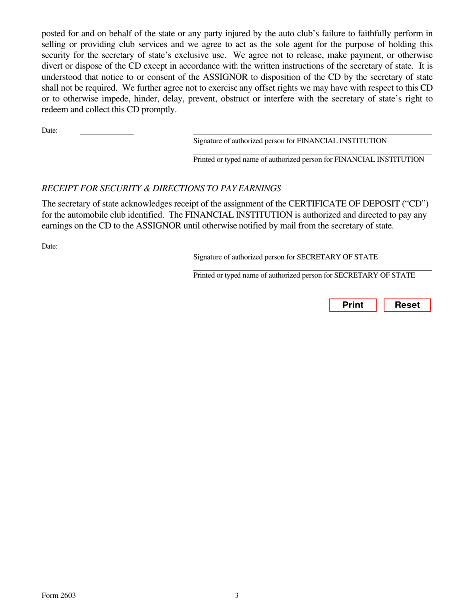 Form 2603 Automobile Club Assignment of Certificate of Deposit - Texas, Page 3