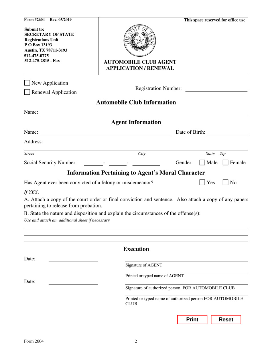 Form 2604 Automobile Club Agent Application / Renewal - Texas, Page 2