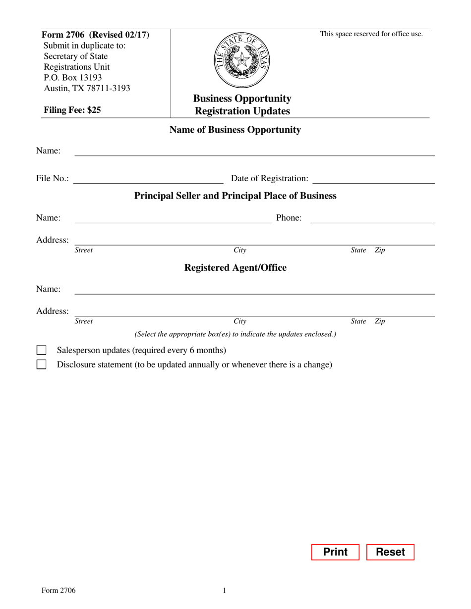 Form 2706 Business Opportunity Registration Updates - Texas, Page 2