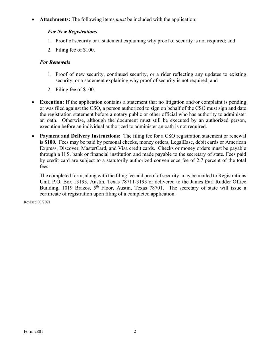 Form 2801 Registration Statement for a Credit Services Organization - Texas, Page 2