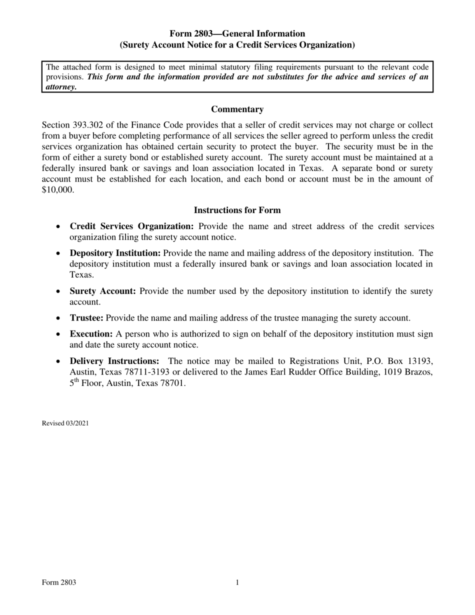 Form 2803 Surety Account Notice for a Credit Services Organization - Texas, Page 1