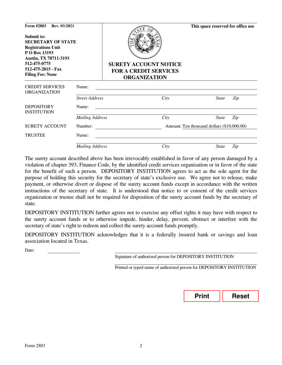 Form 2803 Surety Account Notice for a Credit Services Organization - Texas, Page 2