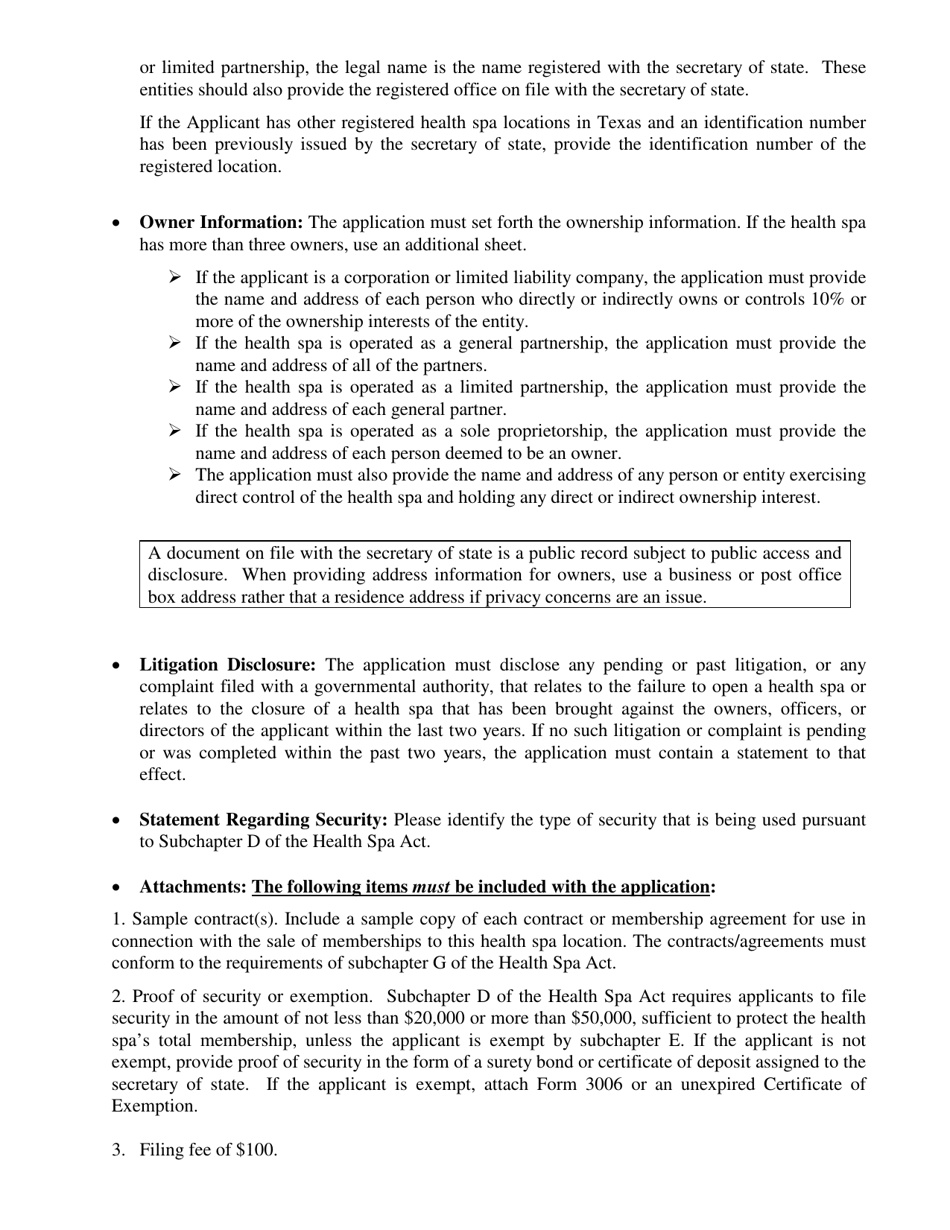 Form 3001 Health SPA Registration Application / Renewal - Texas, Page 2