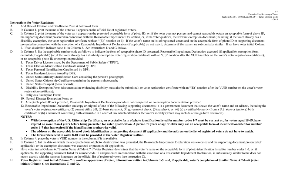 Form 9-7 Provisional Voters Appearing to Voter Registrar During Cure Period - Texas (English / Spanish), Page 2