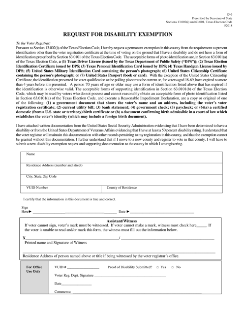 Form 13-6 Request for Disability Exemption - Texas (English/Spanish)