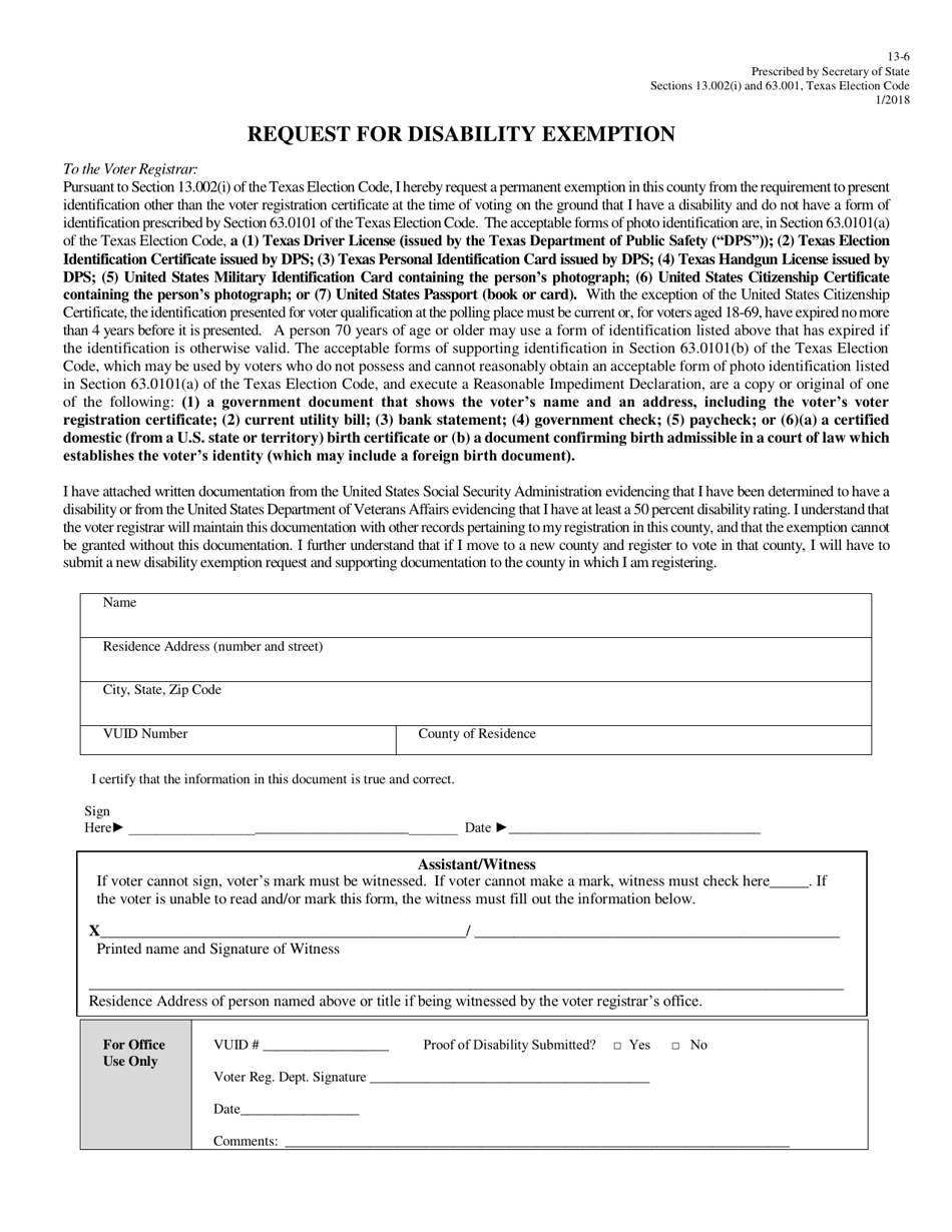 Form 13-6 Request for Disability Exemption - Texas (English / Spanish), Page 1